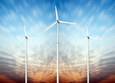 Green renewable energy concept - wind generator turbines in sky