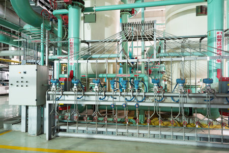 Equipment, cables and piping as found inside of industrial power plantのeditorial素材