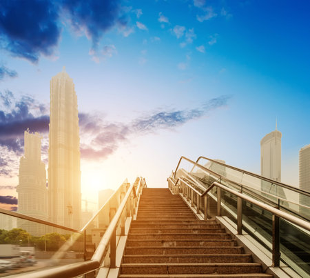 Escalator of Shanghai streets, skyscraper buildings.