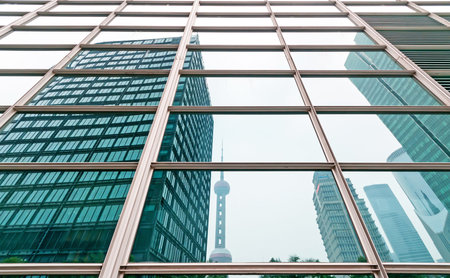 Shanghai China, glass curtain wall projection.
