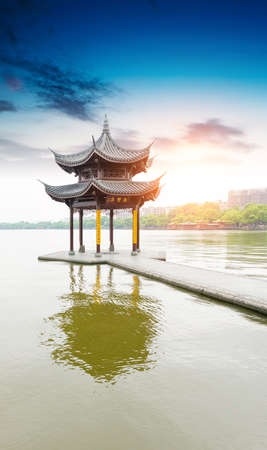 ancient pavilion on the west lake in hangzhou,Chinaのeditorial素材
