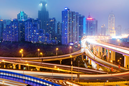 shanghai interchange overpass and elevated road in nightfall