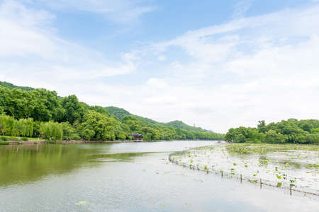 View on the enchanting West Lake, Hangzhou, Chinaの写真素材