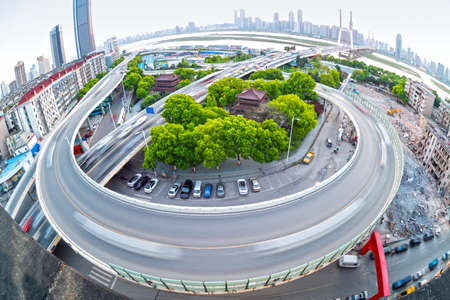 overlooking the vehicle motion blur on shanghai elevated road junction and interchange overpassの写真素材