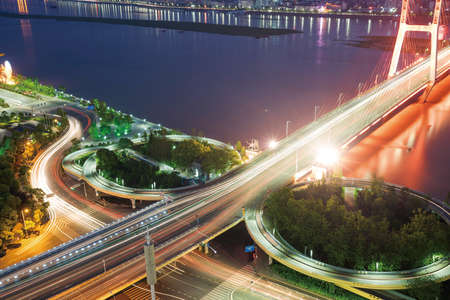 Asia's largest across the rivers in Shanghai landmarks a spiral bridge at nightの写真素材