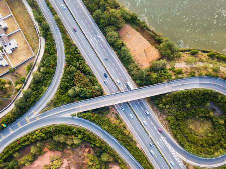Aerial photography bird-eye view of City viaduct bridge road streetscape landscapeの写真素材