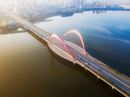 Aerial view, bridge across the riverの写真素材