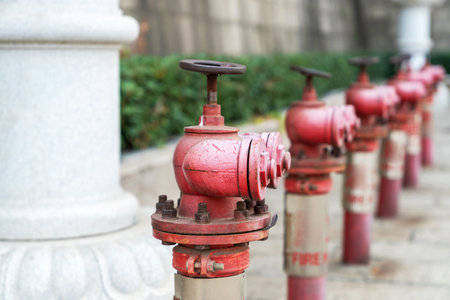 A row of fire hydrants on the side of the road