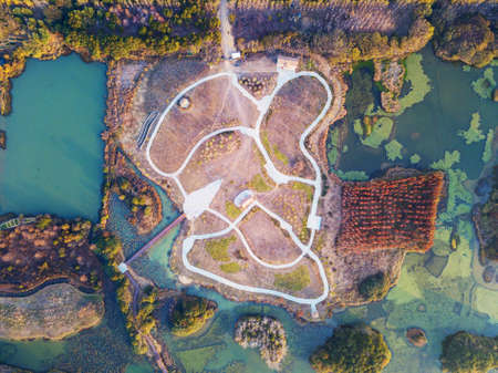 Aerial view of forests and lakesの写真素材