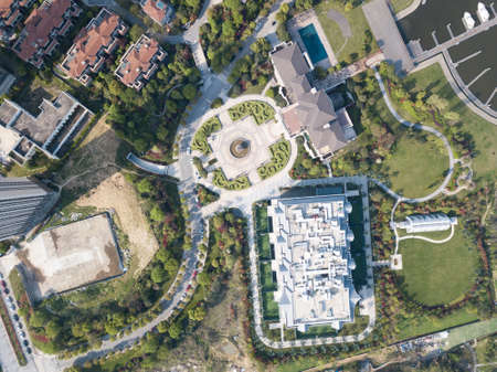 Aerial view drone shot of modern houses villageの写真素材