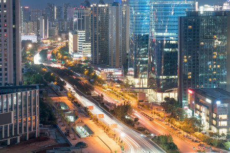 the light trails on the modern building background in shanghai china.
