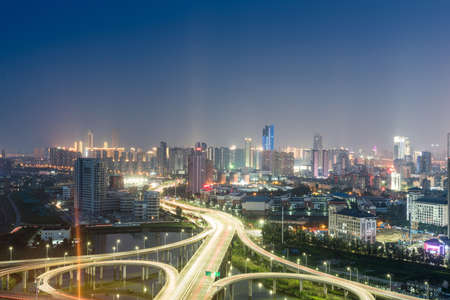 shanghai interchange overpass and elevated road in nightfallのeditorial素材