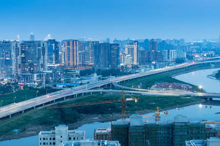 moving car with blur light through city at nightのeditorial素材