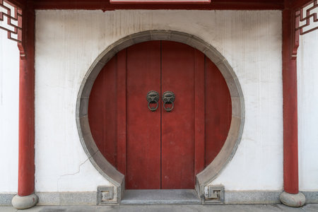 Chinese old red door in the Templeの写真素材