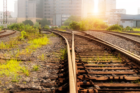Cargo train platform at sunset with containerの写真素材