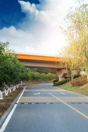 Concrete structure and asphalt road space under the overpass in the cityの写真素材