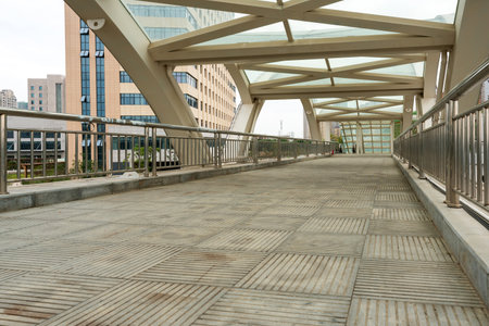 Inside of a modern overhead pedestrian bridgeの写真素材