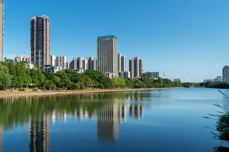 Lakeside modern office building in Chinaの写真素材