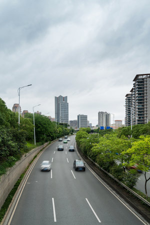 group of cars on the street road at shanghai china.の写真素材