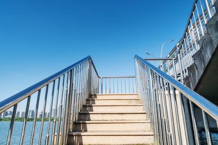 Close up and details of railing and stairs of a modern buildingの写真素材