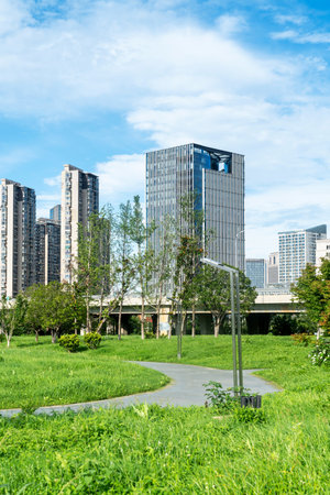 city park with modern building background in shanghaiの写真素材