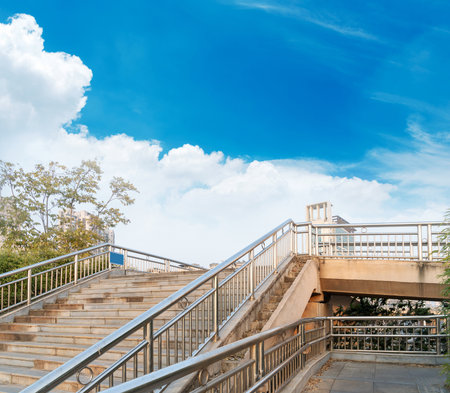 stairs with handrails on both sides in a parkの写真素材