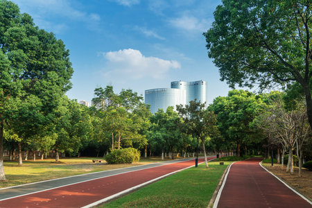 spring park and modern cityの写真素材