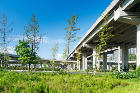Concrete structure and asphalt road space under the overpass in the city