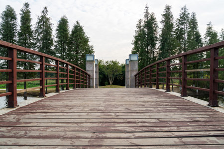 Wooden bridge over little river in city park