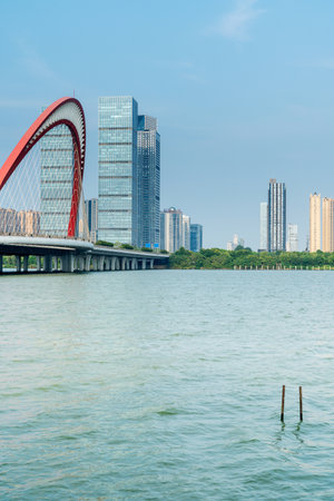 Lakeside modern office building in Chinaの写真素材