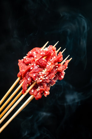 Raw shish kebab on black backgroundの写真素材