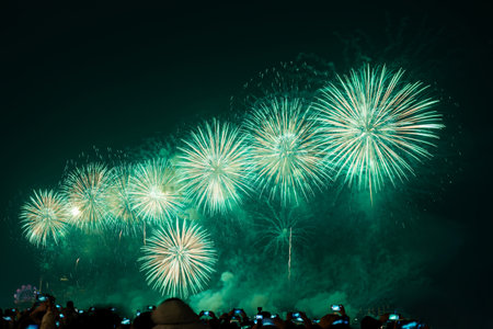 Colorful fireworks exploding at english bay against skyの写真素材
