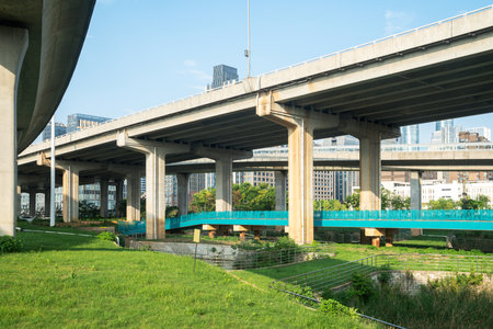 Highway overpass modern city skyline backgroundの写真素材