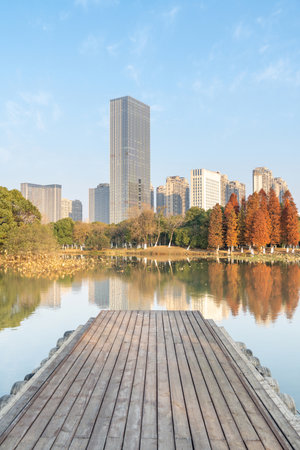 Lakeside modern office building in Chinaの写真素材