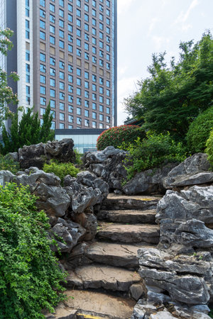 Chinese traditional stone garden. Green plants and rocksの写真素材