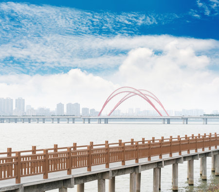 Amazing Modern Bridge against blue skyの写真素材