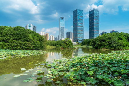 Lakeside modern office building in Chinaの写真素材
