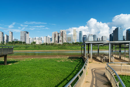 Lakeside modern office building in Chinaの写真素材