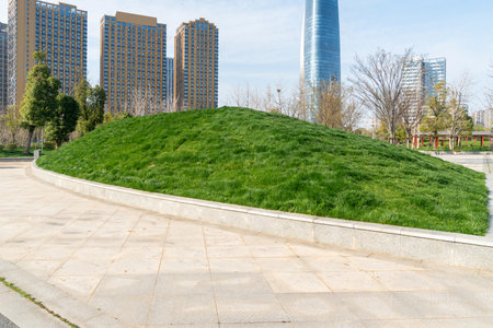 city park with modern building background in shanghaiの写真素材