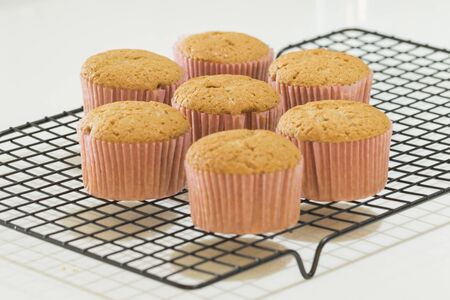 seven newly made cinnamon cupcakes in a cooling rackの写真素材