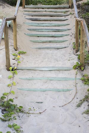 wooden staircase covered by beach sand on tropical summerの写真素材