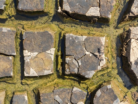 close up detail of cracked ground with water of an empty dam during the dryの写真素材