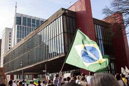 Brazil flag for popular protest in front of the masp buildingのeditorial素材