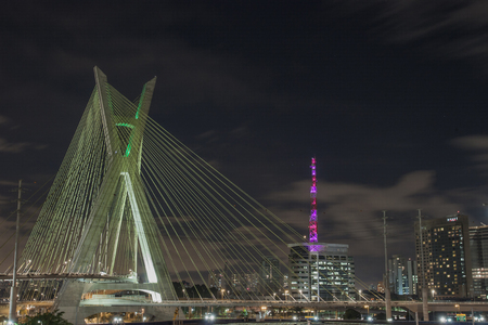 staiada bridge with pink tower at nightのeditorial素材