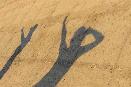 Shadow of happy women dancing on cement wallの写真素材