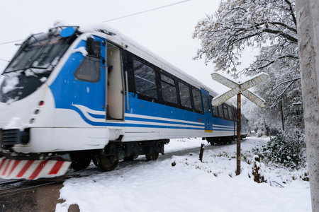 Diesel train in motion on snowy level crossing. Train in the mountains of CÃ³rdoba. Argentina