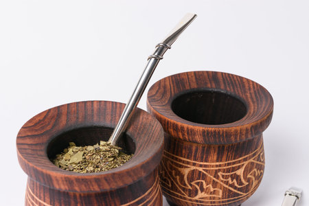 Mates in a wooden calabash with organic yerba mate and alpaca straw