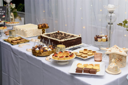 Catering buffet with different food snacks and desserts on the tableの写真素材