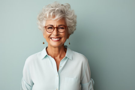 Smiling Senior Lady with Fashionable Earrings and Glassesの素材