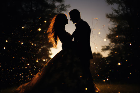 Romantic Silhouette of Couple Amidst Sparkling Twilightの素材